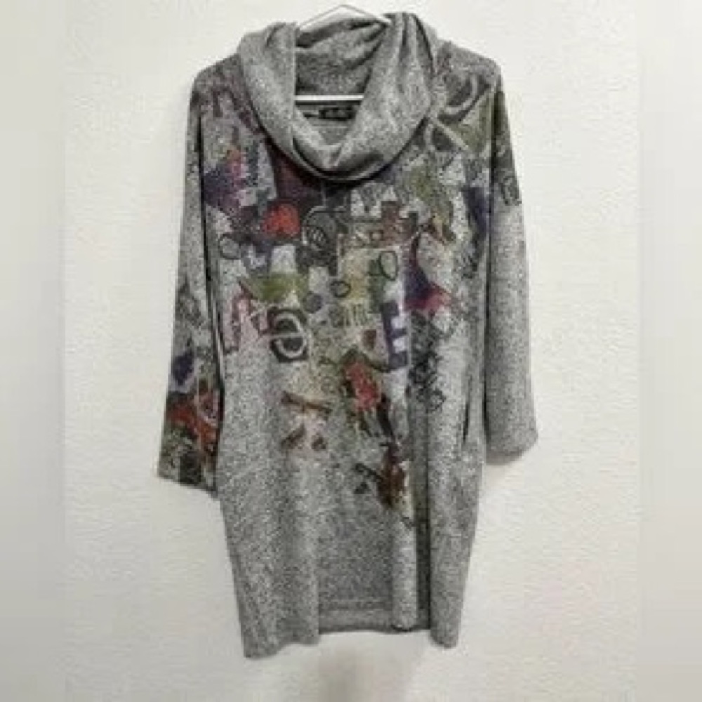 Energie Gray Cowl-Neck Sweater with Colorful Graphic Print